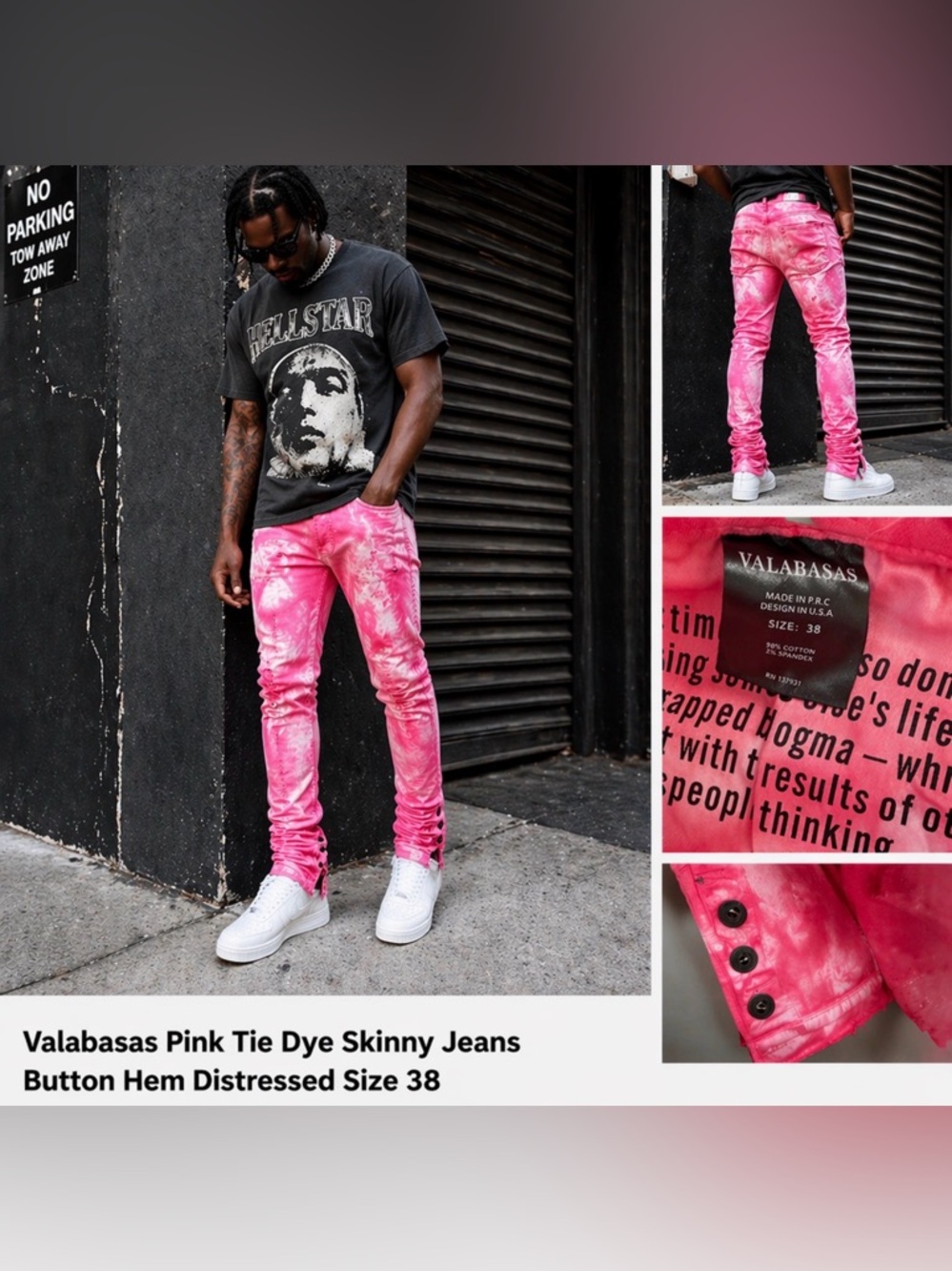 Valabasas Pink Tie Dye Skinny Jeans Button Hem Distressed Size 38 NWOT